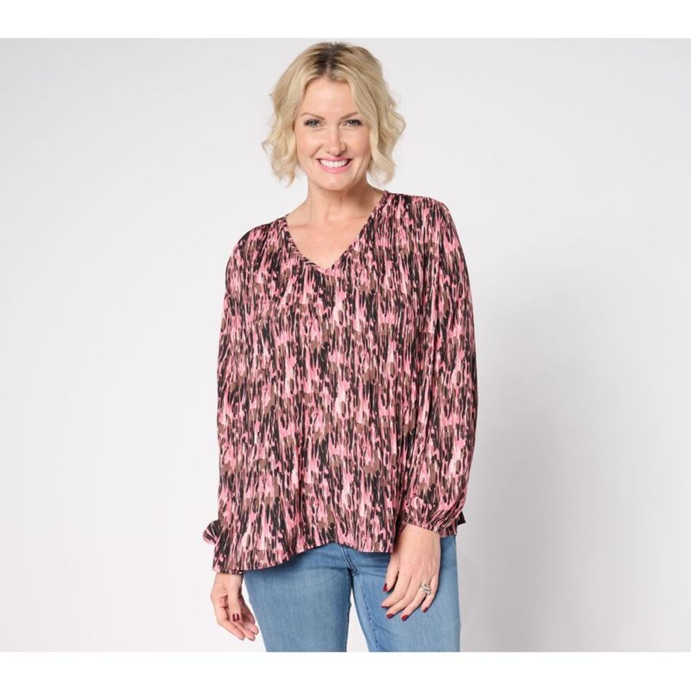 Belle by Kim Gravel Women's Top Sz S Micropleat V-Neck Multi-colored A677104